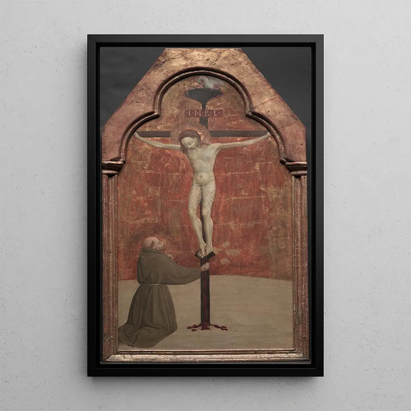 San Francisco arrodillado ante Cristo en la cruz - Sassetta — cuadro enmarcado en la pared