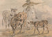 Hombre a caballo conduciendo dos vacas y un ternero - Sawrey Gilpin — vista de la obra