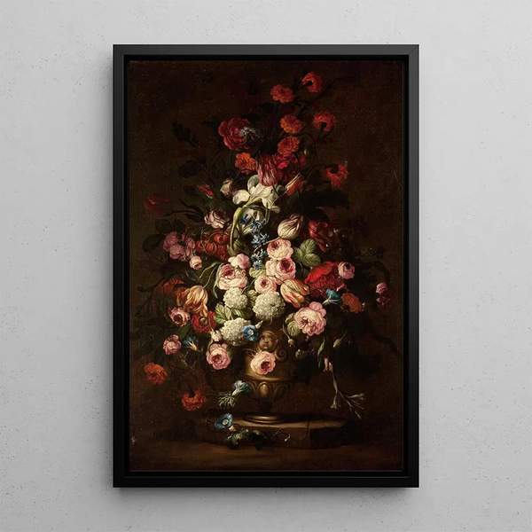 Bouquet floral elaborado en un jarrón de pie - Escuela de Bartolomeo Bimbi — cuadro enmarcado en la pared