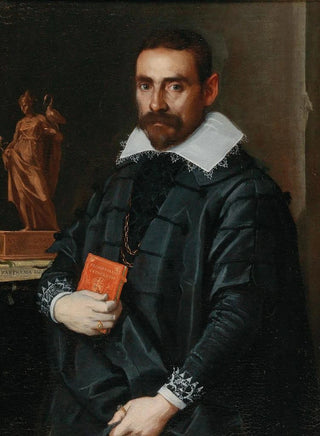 School of Bergamo - Portrait Of A Gentleman ThreeQuarter Length Holding A Book With A Statue In The Background.webp