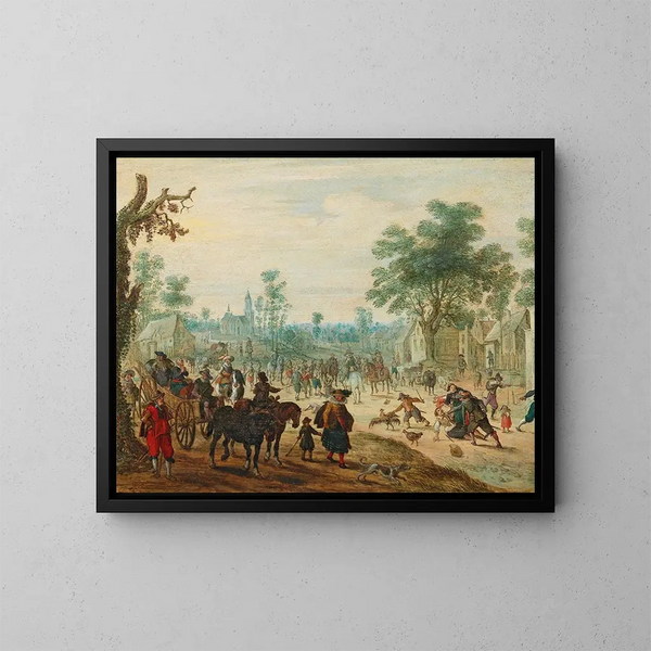 A village with many figures on a road - Sebastian Vrancx — framed artwork on a wall