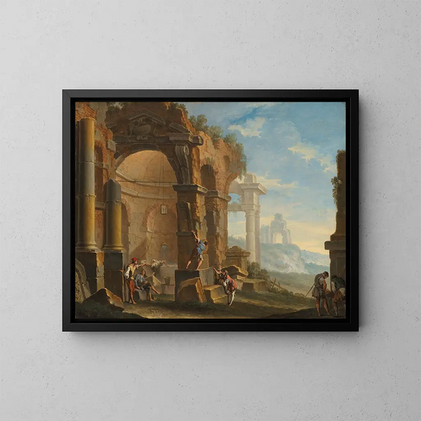 Un capricho con figuras conversando entre ruinas clásicas - Sebastiano Ricci — cuadro enmarcado en la pared