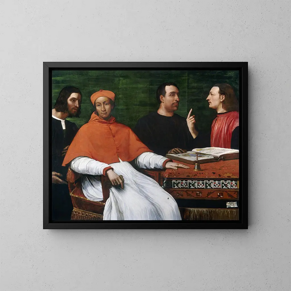 Cardinal Bandinello Sauli, su secretario y dos geógrafos - Sebastiano del Piombo — cuadro enmarcado en la pared