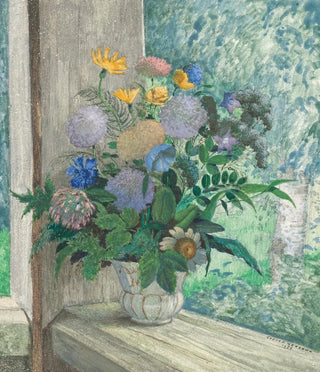 Sergey Chekhonin - Still life with chrysanthemums bellflowers cornflowers and daisies in a white vase.webp