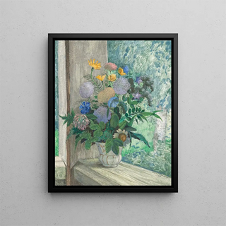 Sergey Chekhonin - Still life with chrysanthemums bellflowers cornflowers and daisies in a white vase.webp