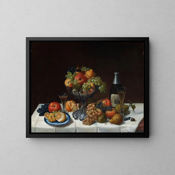 Still life with fruits and champagne bottle - Severin Roesen — framed artwork on a wall