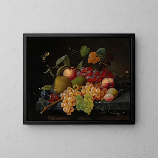 a still life of fruits with a butterfly - Severin Roesen — framed artwork on a wall