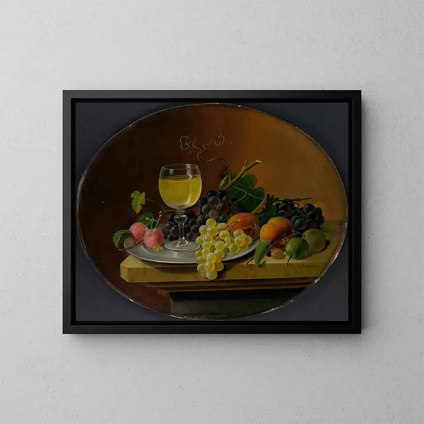 Still life with fruits and wine glass - Severin Roesen — framed artwork on a wall