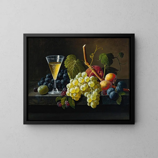 Still life with a glass of champagne - Severin Roesen — framed artwork on a wall