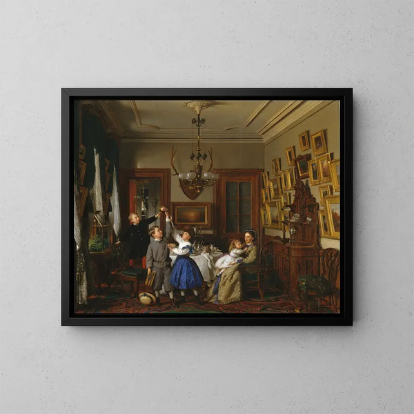 La competencia por el ramo. La familia de Robert Gordon en su comedor de Nueva York. - Seymour Joseph Guy — cuadro enmarcado en la pared