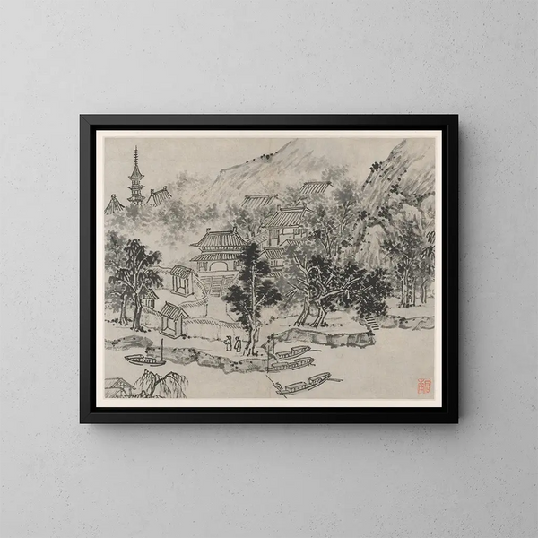 View of Tiger Hill from Canal Dock - Shen Zhou — framed artwork on a wall