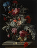 Roses, carnations, poppies, hydrangeas, and an iris in a glass vase with a snail and a butterfly on a stone ledge - Simon Verelst — artwork view