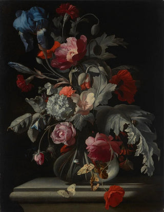 Simon Verelst - Roses carnations poppies and hydrangea and an iris in glass vase with a snail and a butterfly on a stone ledge.webp