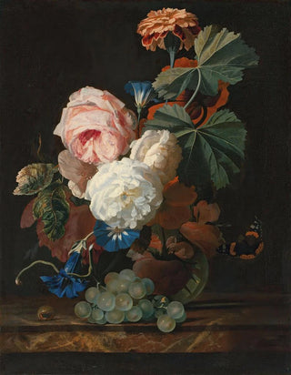 Simon Verelst - Roses columbine and poppies in a glass vase on a marble ledge with some grapes.webp