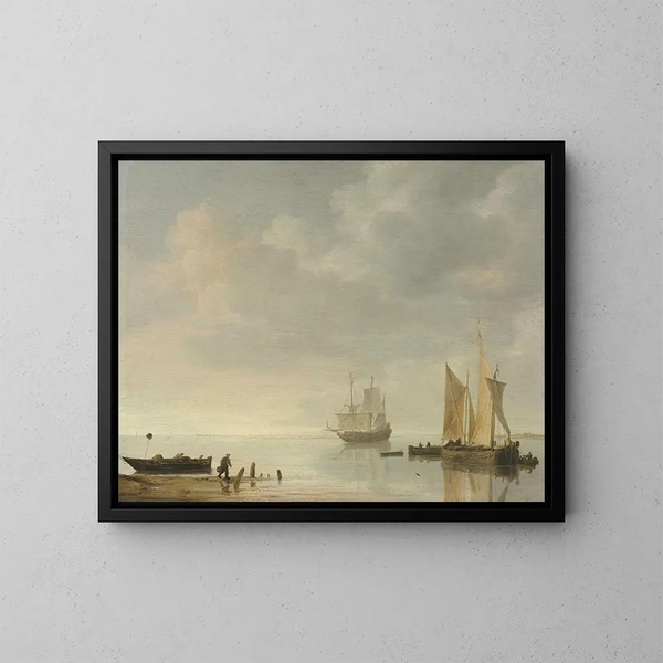 Escena costera con barcos descansando sobre aguas tranquilas - Simon de Vlieger — cuadro enmarcado en la pared
