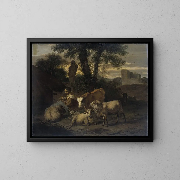 Paisaje italiano con pastora y rebaños - Simon van der Does — cuadro enmarcado en la pared
