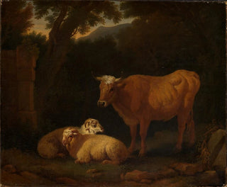 Simon van der Does - Stehendes Rind und zwei liegende Schafe in Waldlandschaft.webp