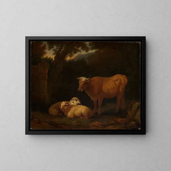 bovino de pie y dos ovejas acostadas en un paisaje forestal - Simon van der Does — cuadro enmarcado en la pared