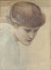 Estudio de cabeza de Dorothy Dene mirando hacia abajo para Los Escaleras de oro - Sir Edward Coley Burne-Jones — vista de la obra