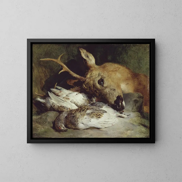 Cabeza de ciervo y dos lagópodos - Sir Edwin Henry Landseer — cuadro enmarcado en la pared