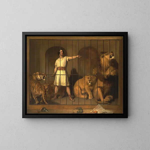 Retrato de M. Van Amburgh en su apariencia con sus animales en los teatros londinenses - Sir Edwin Henry Landseer — cuadro enmarcado en la pared