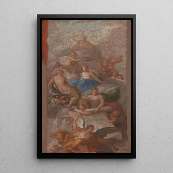La Gratitud coronada por la Paz con otras figuras alegóricas de la Industria, la Fama y la Abundancia - Sir James Thornhill — cuadro enmarcado en la pared