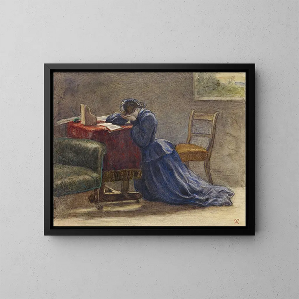 Una mujer sosteniendo su rostro con ambas manos, arrodillada sobre la alfombra - Sir John Everett Millais — cuadro enmarcado en la pared