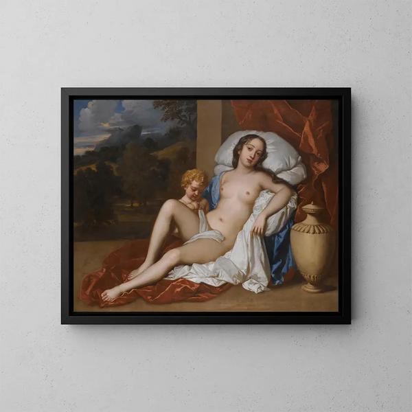 Portrait painting of a young woman and a child as Venus and Cupid, almost certainly Nell Gwyn - Sir Peter Lely — framed artwork on a wall