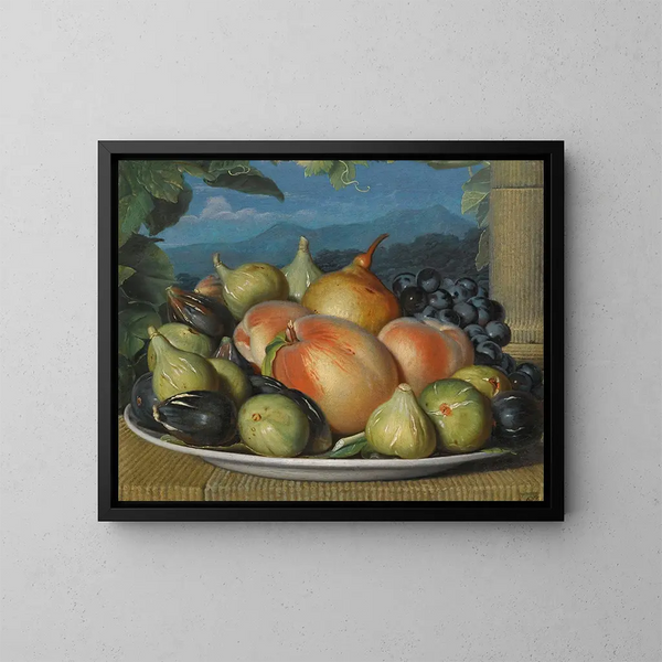 naturaleza muerta con higos, duraznos, una pera y uvas negras en un plato blanco, un vasto paisaje al fondo - Escuela española — cuadro enmarcado en la pared