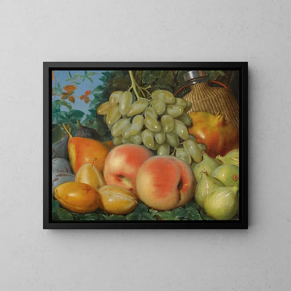 naturaleza muerta con higos, ciruelas, una pera, uvas blancas y una petaca - Escuela española — cuadro enmarcado en la pared