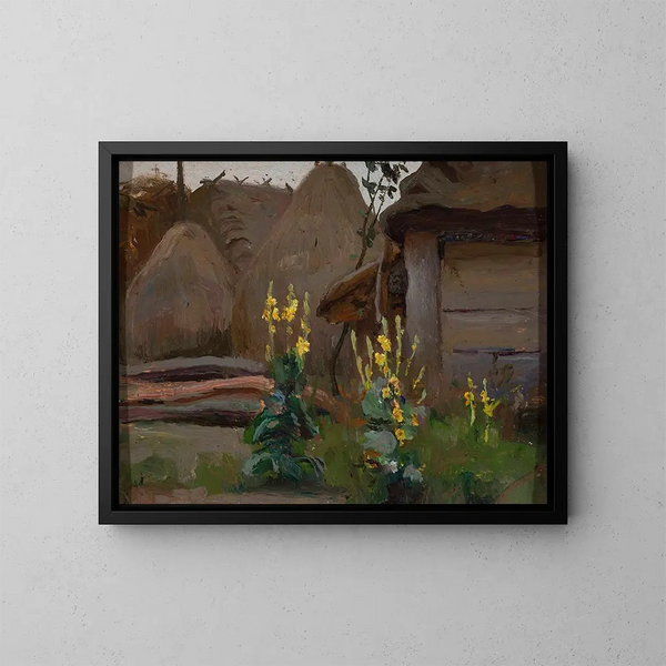 estudio de paisaje: Mufliers delante de una cabaña - Stanisław Straszkiewicz — cuadro enmarcado en la pared