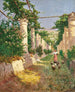 A young girl feeding turkeys under a sunlit pergola in Capri - Stefan Simony — artwork view