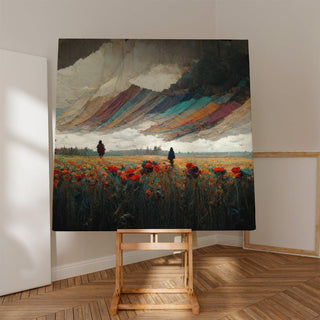 Tableau Abstrait – Éclat Suspendu | Affiche Murale Surréaliste avec Champ de Fleurs et Ciel Texturé | Déco Poétique et Mystérieuse pour Salon ou Chambre