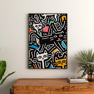 Tableau Pop Art – Chats Stylisés | Affiche Urbaine Colorée Style Keith Haring | Poster Graphique et Ludique pour Déco Contemporaine
