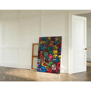 Tableau Pop Art – Univers des Figures | Affiche Colorée Style Keith Haring | Poster Dynamique de Visages Stylisés pour Déco Murale Contemporaine