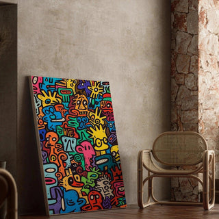 Tableau Pop Art – Univers des Figures | Affiche Colorée Style Keith Haring | Poster Dynamique de Visages Stylisés pour Déco Murale Contemporaine