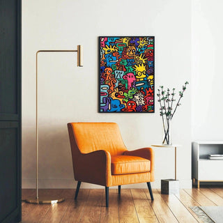 Tableau Pop Art – Univers des Figures | Affiche Colorée Style Keith Haring | Poster Dynamique de Visages Stylisés pour Déco Murale Contemporaine