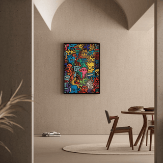 Tableau Pop Art – Univers des Figures | Affiche Colorée Style Keith Haring | Poster Dynamique de Visages Stylisés pour Déco Murale Contemporaine