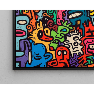 Tableau Pop Art – Univers des Figures | Affiche Colorée Style Keith Haring | Poster Dynamique de Visages Stylisés pour Déco Murale Contemporaine