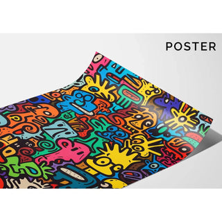 Tableau Pop Art – Univers des Figures | Affiche Colorée Style Keith Haring | Poster Dynamique de Visages Stylisés pour Déco Murale Contemporaine