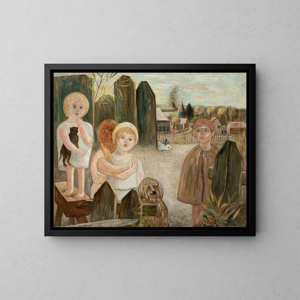 Niños en un patio de pueblo - Tadeusz Makowski — cuadro enmarcado en la pared