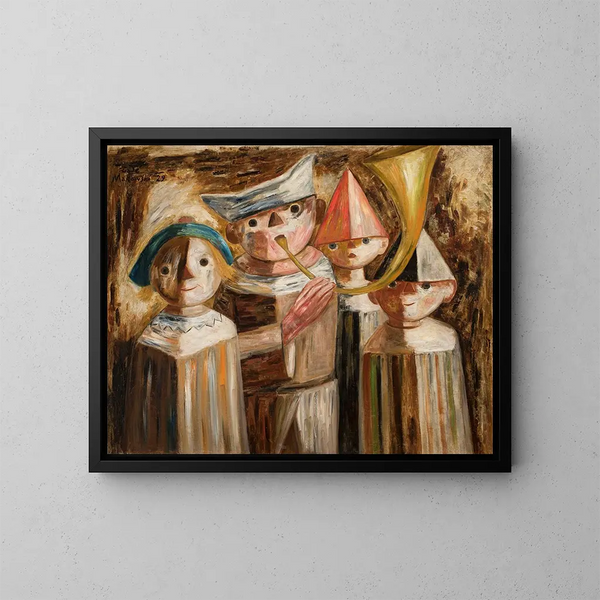 Four children with a trumpet - Tadeusz Makowski — framed artwork on a wall