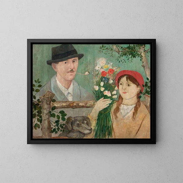 Idilio cerca de una cerca, autorretrato de niña con flores y un perro - Tadeusz Makowski — cuadro enmarcado en la pared