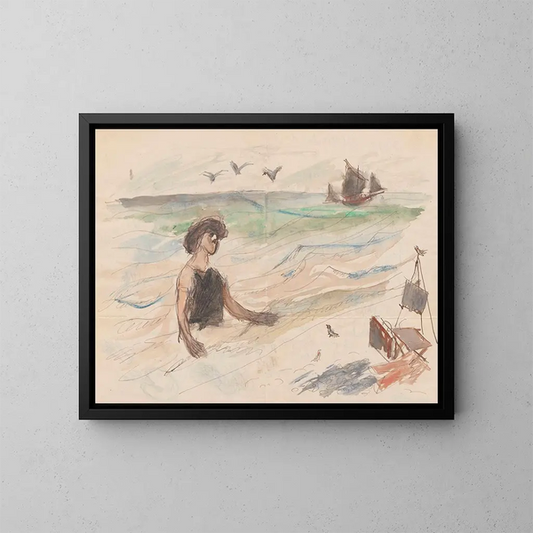 Carta a María Mickiewiczwna con un dibujo autorretrato del artista bañándose en el - Tadeusz Makowski — cuadro enmarcado en la pared