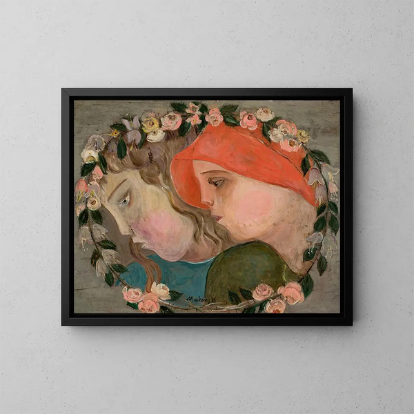 Dos cabezas de pequeñas niñas en una guirnalda de flores - Tadeusz Makowski — cuadro enmarcado en la pared