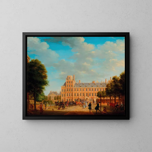 View of The Hague with Prince William V and Duke Louis Ernest of Brunswick-Lunebourg leaving the Buitenhof - Tethart Philip Christian Haag — framed artwork on a wall
