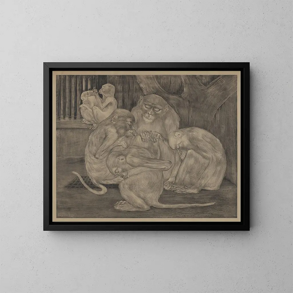 Five monkeys in a cage - Theo van Hoytema — framed artwork on a wall