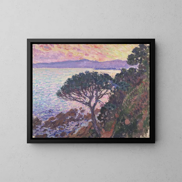 Pin de parasol cerca del mar Mediterráneo al atardecer - Theo van Rysselberghe — cuadro enmarcado en la pared