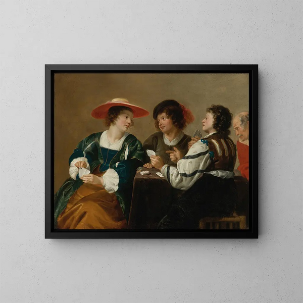Una mujer y tres hombres sentados alrededor de una mesa jugando a las cartas - Theodoor Rombouts — cuadro enmarcado en la pared