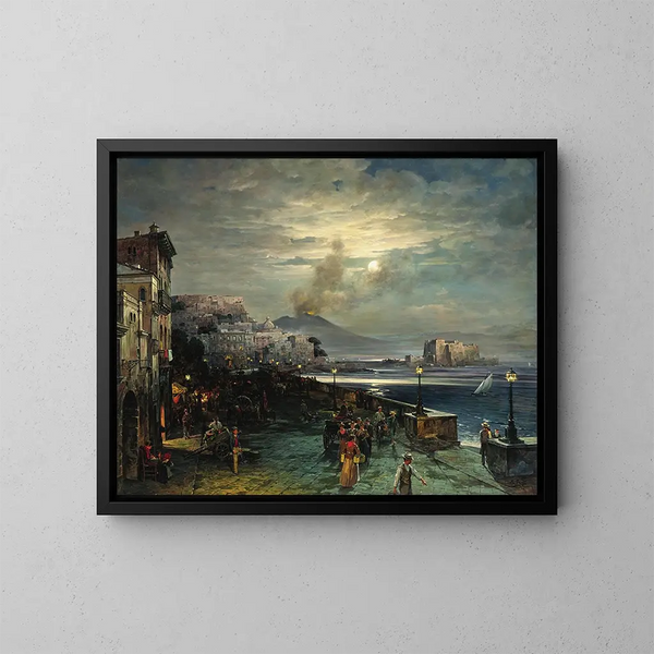 Naples, a night quay with a view of Vesuvius - Theodor Groll — framed artwork on a wall